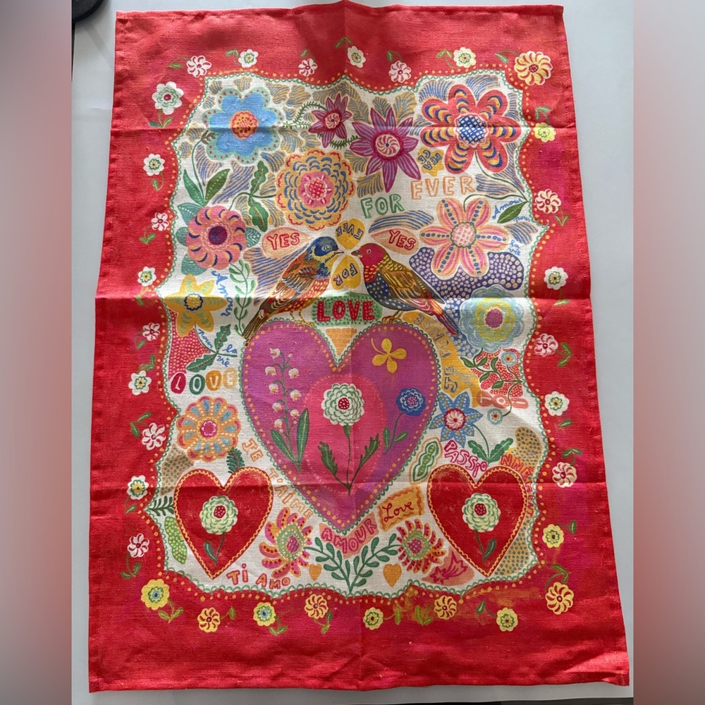 Nathalie Lété Colorful Floral Heart Linen Dish Towel